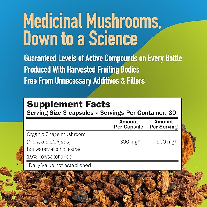 Chaga Mushroom Capsules, Full Spectrum Extract, Natural Antioxidant Mushroom Supplement for Adults, Health Support, Hot Water Extracted Mushrooms, Vegetarian, 300MG, 90 CT