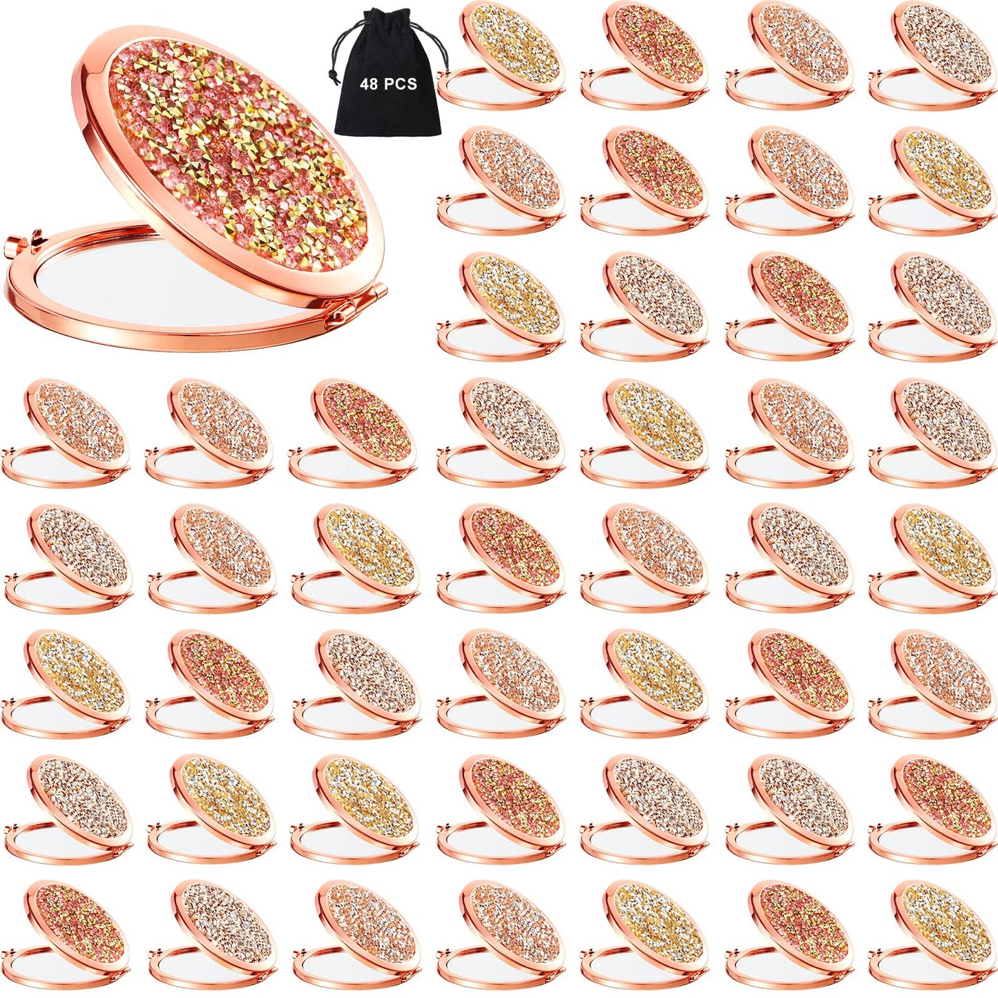 48 Pcs Small Compact Mirror Folding Pocket Makeup Mirror Round Hand Held Mirror Cosmetic Magnifying Compact Mirror Rhinestone Mi