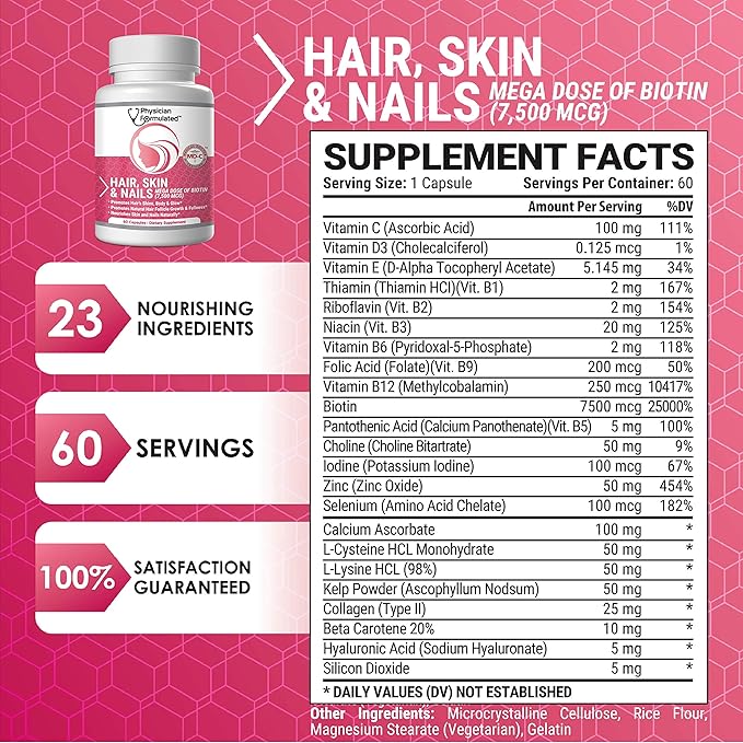 Healthy Hair Skin and Nails Vitamins for Men and Women - 7500 mcg Biotin, Amino Acids, Collagen and Hyaluronic Acid - 60 Capsules