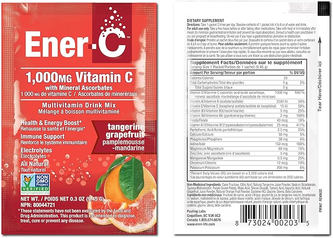 Ener-C Tangerine & Grapefruit Multivitamin Drink Mix, 1000mg Vitamin C, Non-GMO, Vegan, Real Fruit Juice Powders, Natural Immunity Support, Electrolytes, Gluten Free, 1-Pack of 30