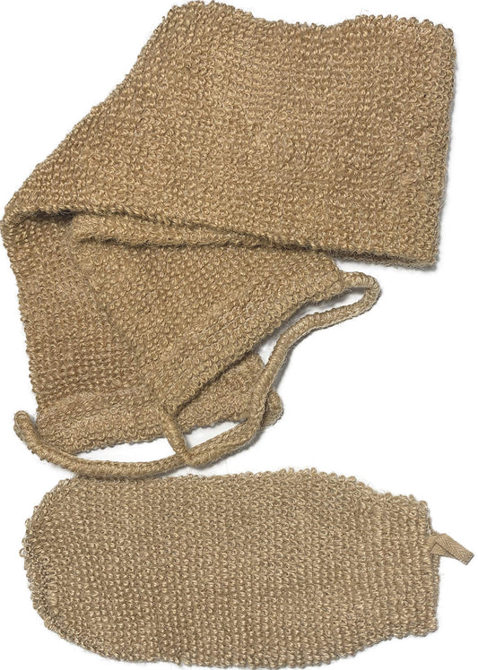 2 Pcs/Set Large Natural Exfoliating Hemp Back Scrubber For Shower For Men And Women - Rub Glove Mitt Mitten - Deep Clean & Invig