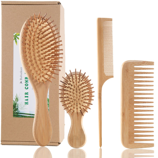 Bamboo Hair Brush Comb Set, Eco-Friendly Anti-Static Detangling Comb Hairbrush for Women and Men - Tail Comb, Tooth Comb, Big an