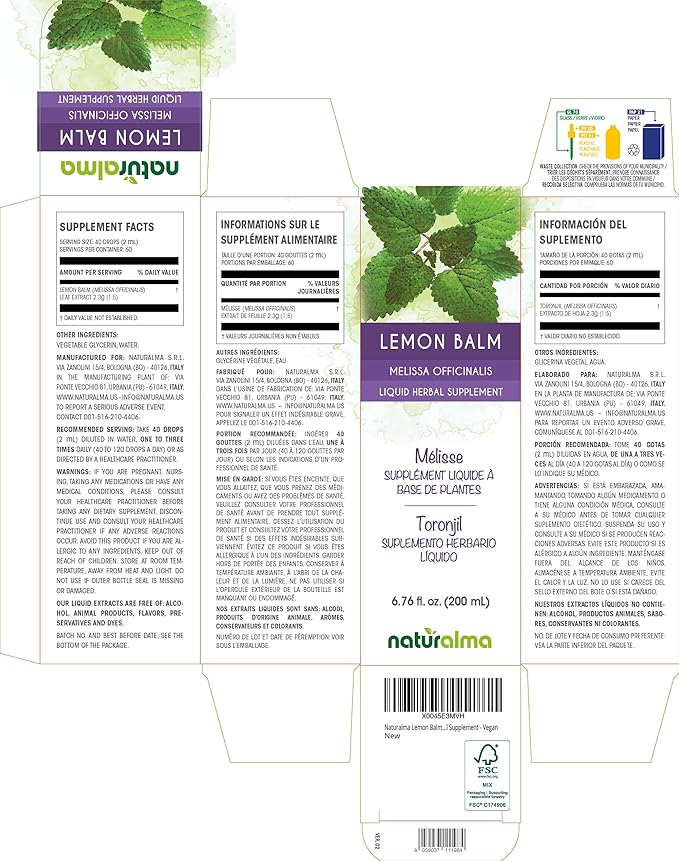 Naturalma Lemon Balm (Melissa officinalis) Leaf Alcohol-Free Tincture - 6.76 fl oz Liquid Extract in Drops - Herbal Supplement - Vegan