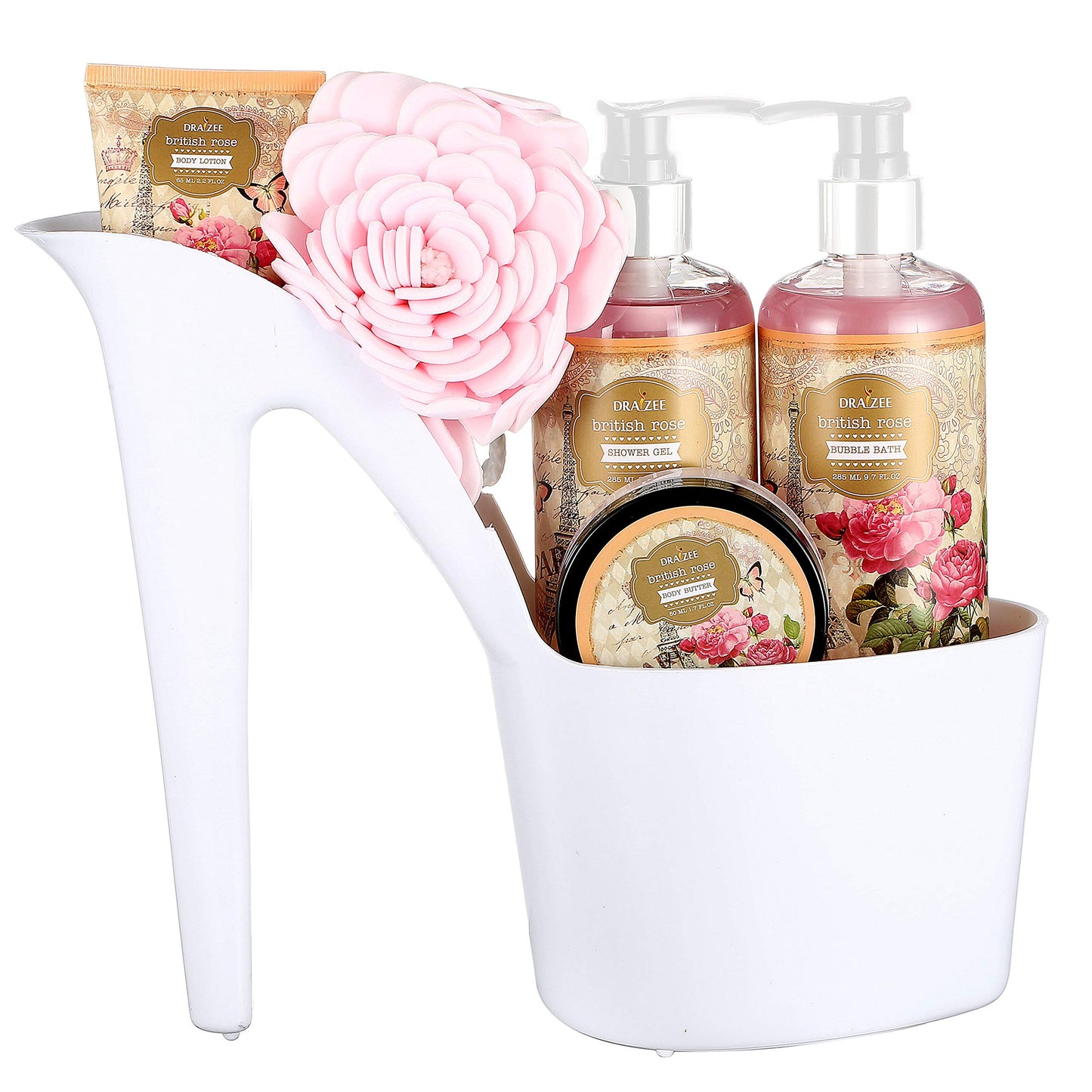 Gifts For Mom - Heel Shoe Spa Basket For Women 5 Pcs Rose Scented Home Relaxation Set W/ Body Lotion & Butter, Shower Gel, Bubbl