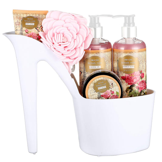 Gifts For Mom - Heel Shoe Spa Basket For Women 5 Pcs Rose Scented Home Relaxation Set W/ Body Lotion & Butter, Shower Gel, Bubbl