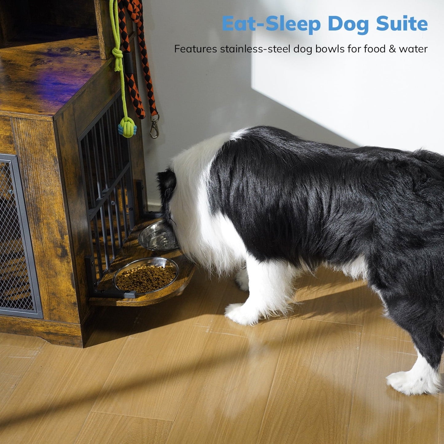 Behost 34" Industrial Dog Crate Furniture with Feeding Bowls LED Light Bone Nameplate Double Layer Storage for Large Dogs Rustic Brown