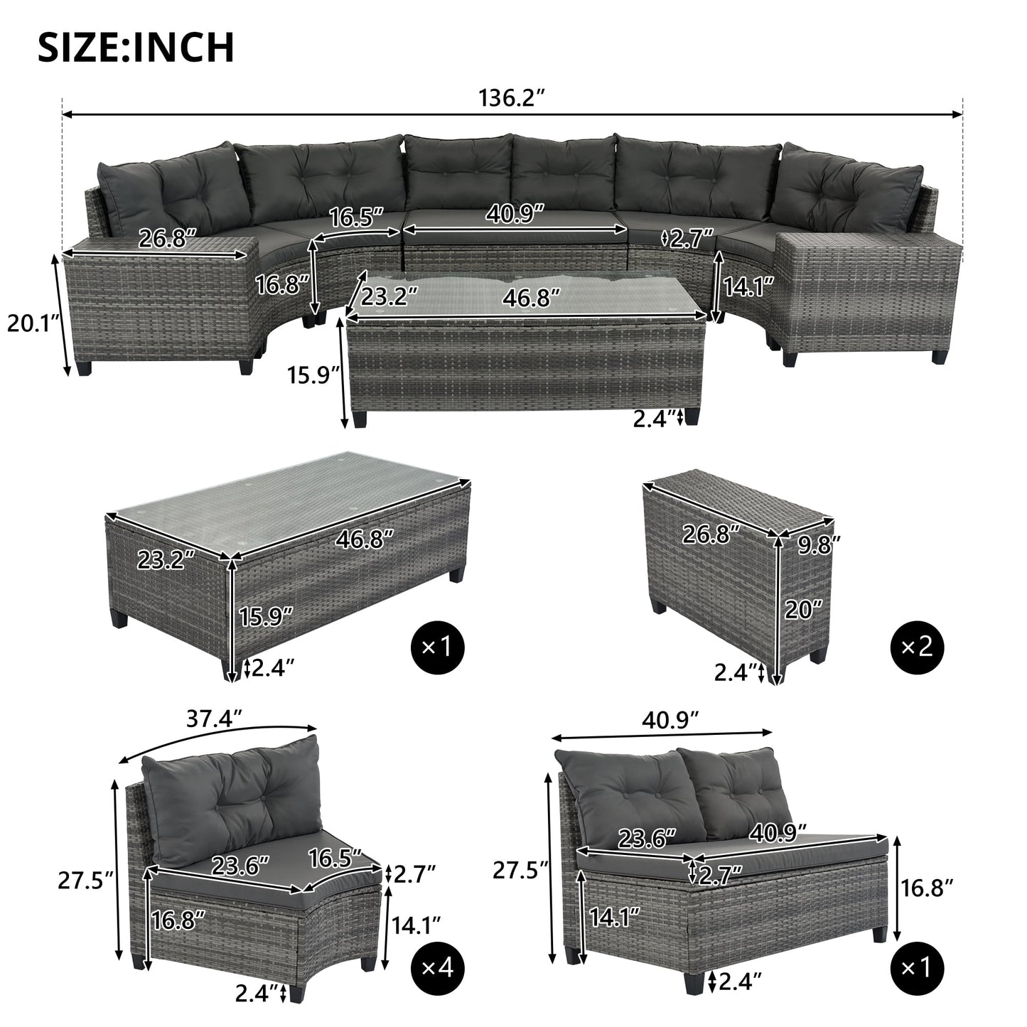 Baugery 8-Piece Half Moon Cruved Round Outdoor Sectional Sofa Furniture Set with Coffee Table, Grey/Beige