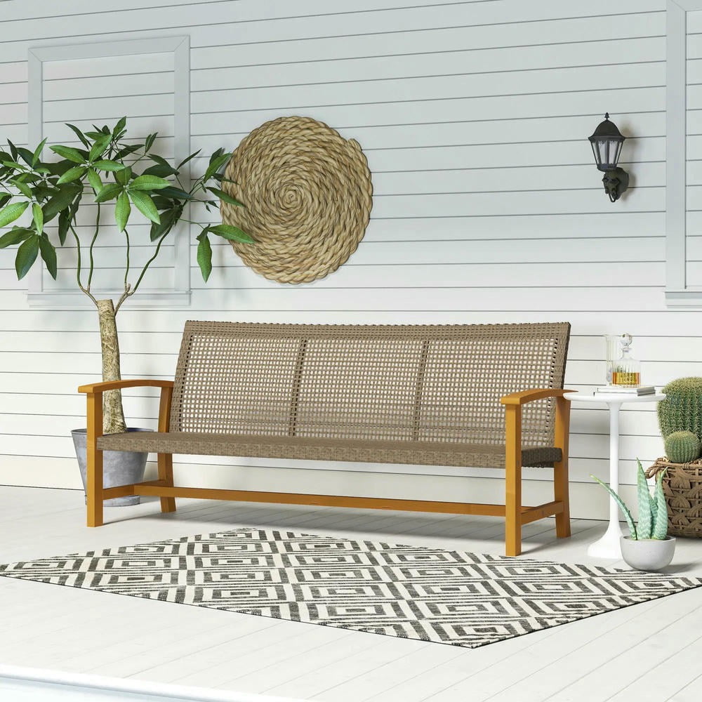Barara King Patio Outdoor Sofa,3-Seat Wicker Outdoor Couch Patio Sofa, Acacia Wood Patio Furniture with Steel Seat Armrests, Teak