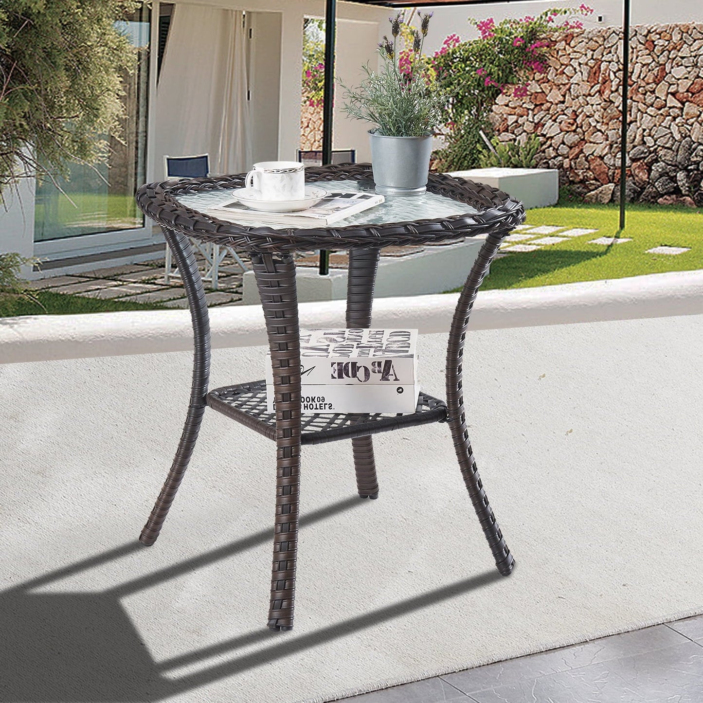 OPOHORO Outdoor Wicker Side Table,22x20x20 inch All Weather Rattan Small Patio Table Square End Table for Pool Balcony Deck Porch Lawn Backyard, Brown