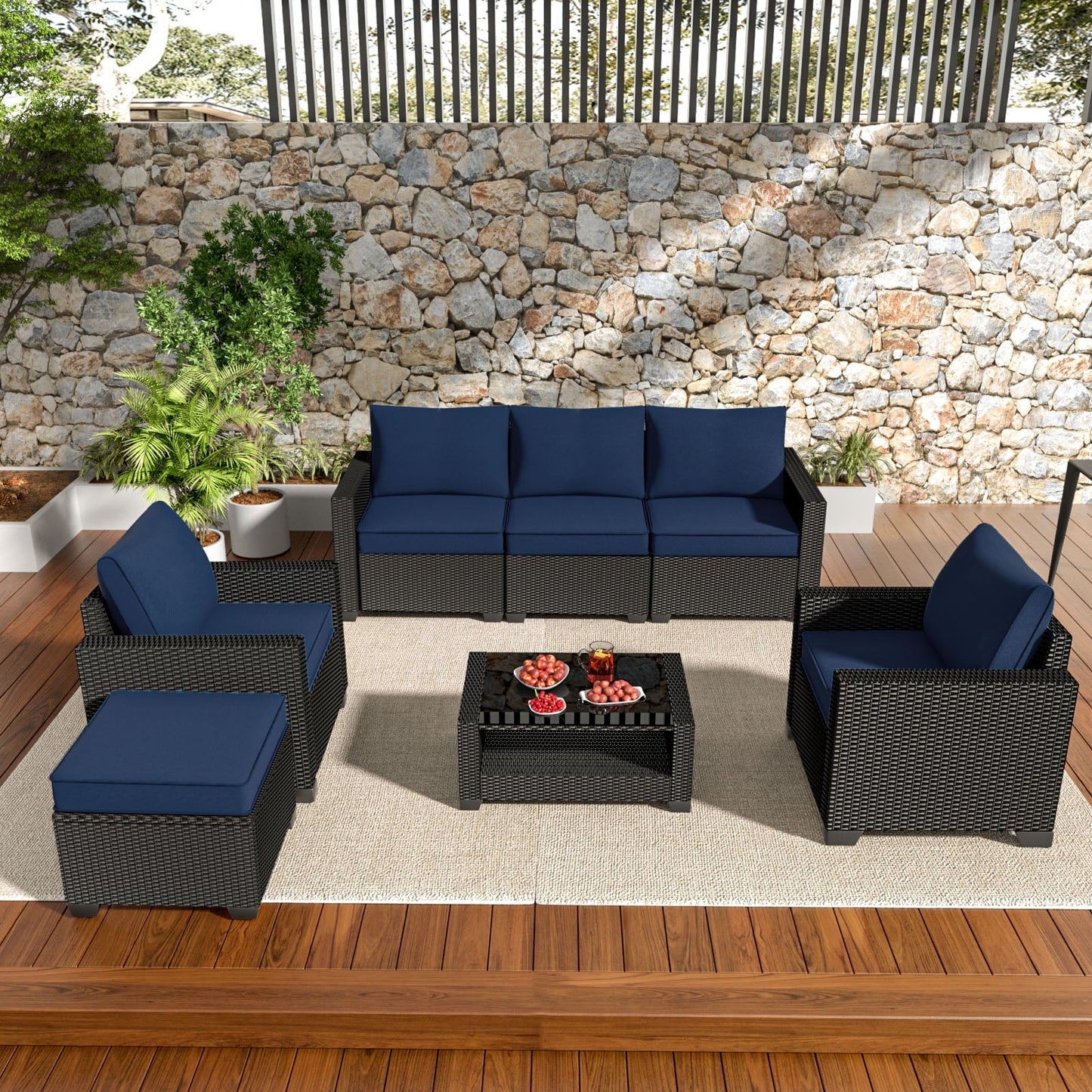 Opemtdo Sofa 7-Piece Modular Outdoor Wicker Sectional Patio Furniture Set with Ottoman and Two-Tier Coffee Table, Brown