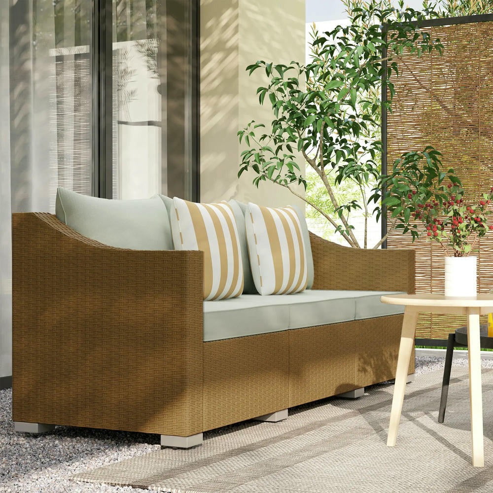 YYAo Patio Couch, Outdoor Sofa,Rattan Wicker 3 Seater Patio Couch with Cushions, 2 Throw Pillows, Outdoor Furniture Rattan Sofa, Light Gray