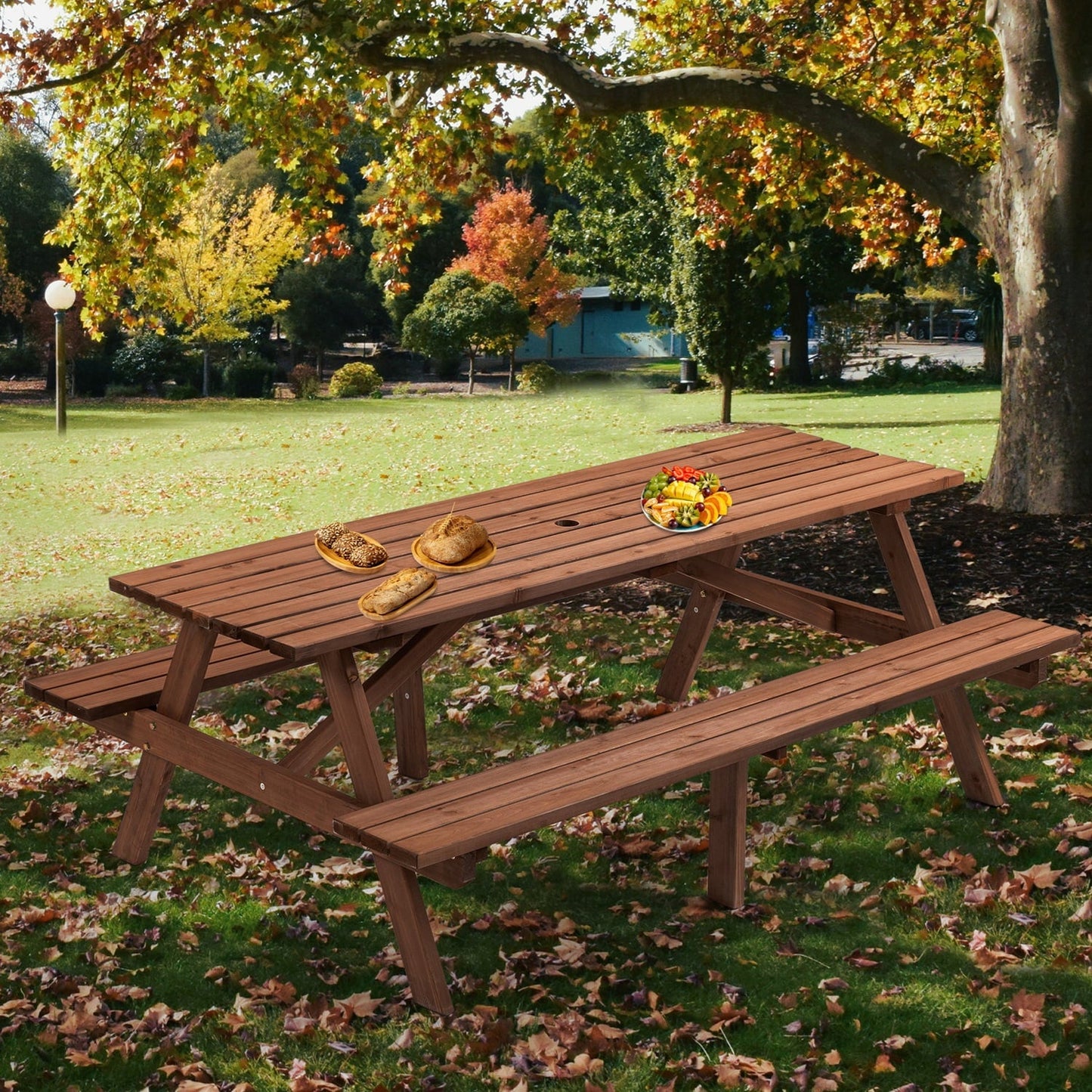 75 Inch Picnic Table, 8-Person Wooden Picnic Table with 2 Built-In Benches, Outdoor Camping Dining Table for Backyard, Garden, Patio, DIY Assembly, 2220 lbs Capacity, Brown
