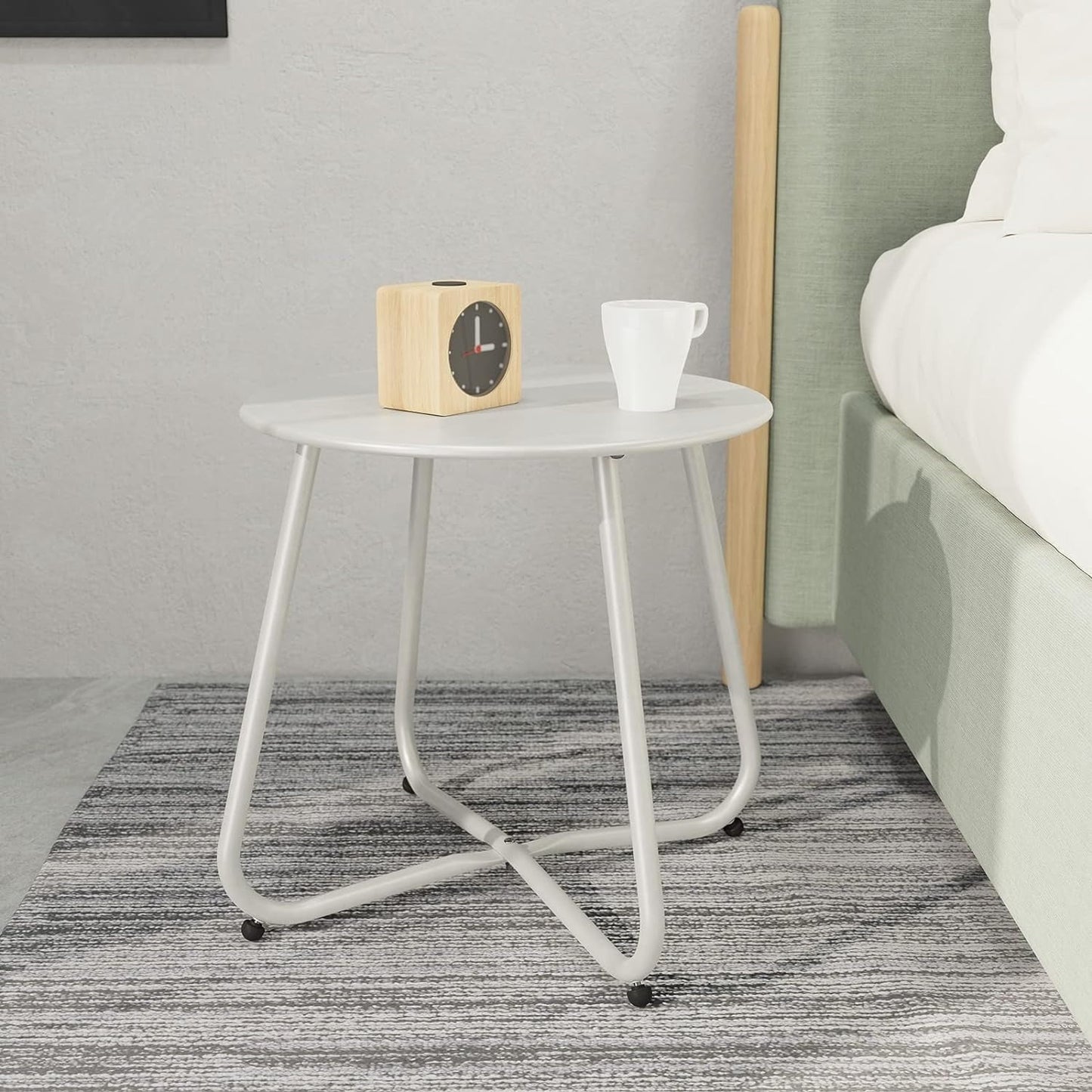 Multi-Purpose Rolling Side Table - Round Shape with Reinforced Cross Base, Lockable Wheels for Stability, Modern Home Furniture Essential - White