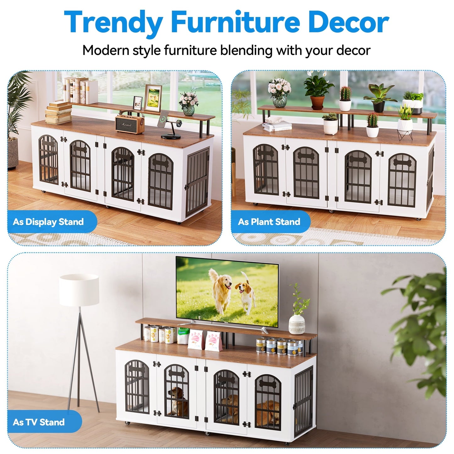Behost 71" Double Dog Crate with Removable Divider Double Doors Wheels and Bone Shaped Nameplate for Large Dogs Industrial Brown