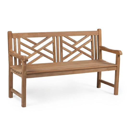 Ash & Ember Summit Grade A Teak 59" Cross Bench, Seats 2 People, Weather Resistant Solid Wood Patio Furniture, Crisscross Back Design with Tightly Spaced Slats