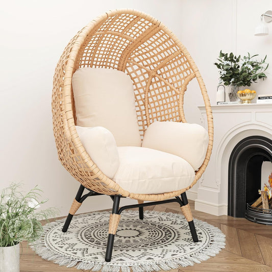 CHINNLUU Oversized Egg Chair with Thick Cushion Ergonomic Wicker Lounge Chair for Living Room, Balcony - 500lbs Capacity Indoor/Outdoor Rattan Patio Chair(Beige)