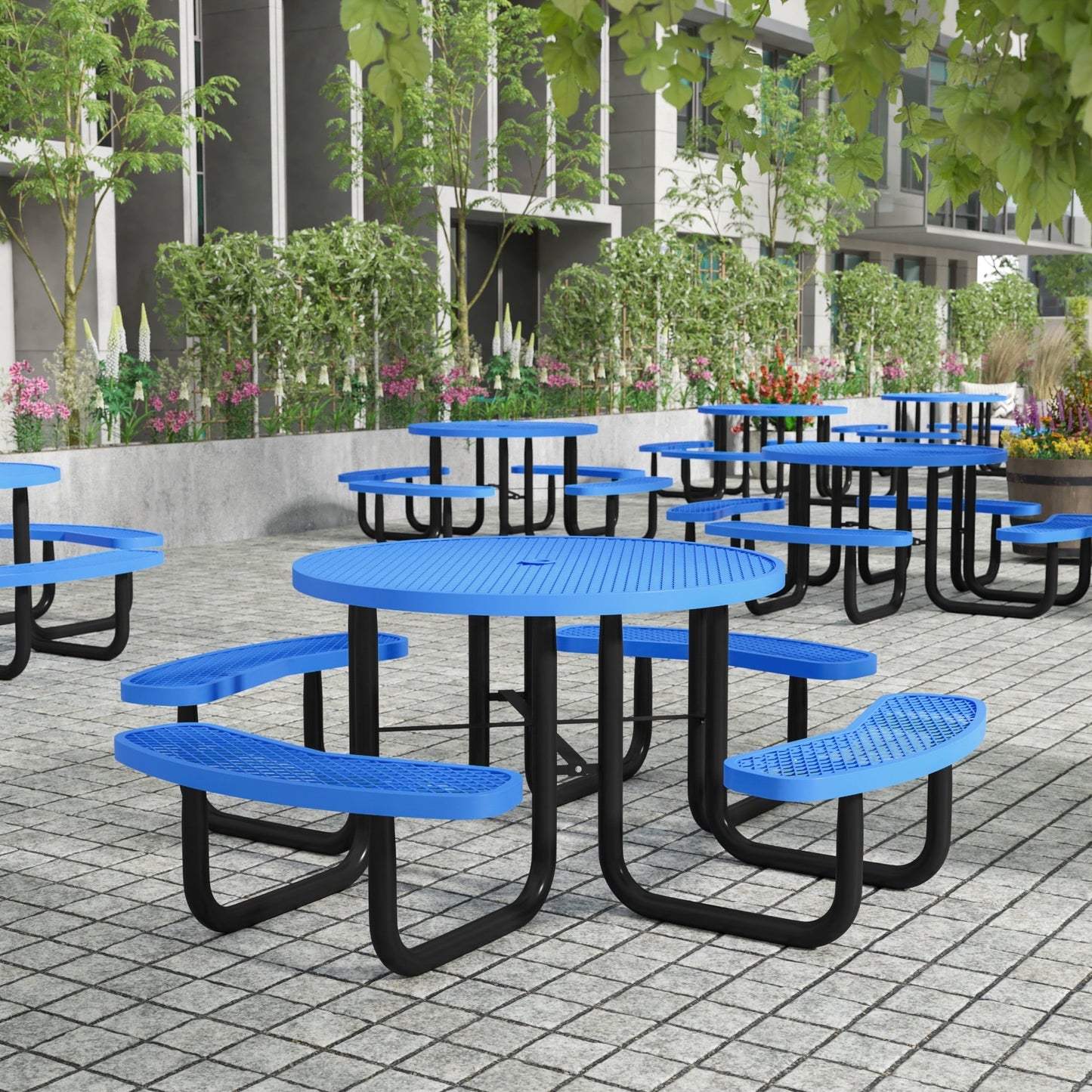 Flash Furniture 46" Round Outdoor Picnic Table with Commercial Heavy Gauge Expanded Metal Mesh Seats and Top with Umbrella Hole, Steel Frame, Blue
