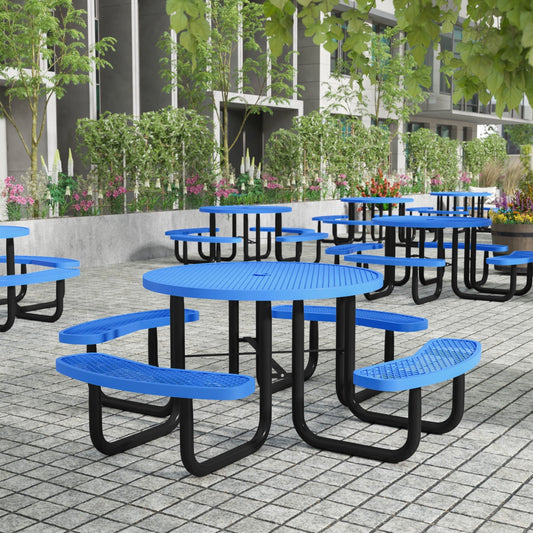 Flash Furniture 46" Round Outdoor Picnic Table with Commercial Heavy Gauge Expanded Metal Mesh Seats and Top with Umbrella Hole, Steel Frame, Blue