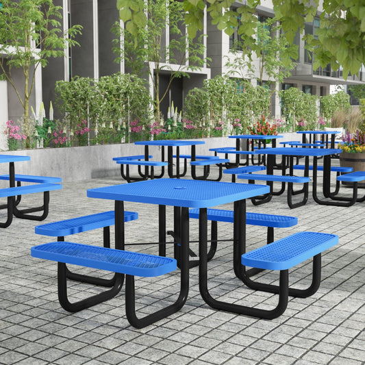 Flash Furniture 46" Square Outdoor Picnic Table with Commercial Grade Heavy Gauge Expanded Metal Mesh Top and Seats and Steel Frame in Blue