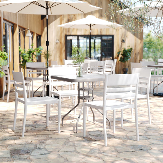 Flash Furniture Indoor-Outdoor Stacking Patio Chair with Slatted Backrest, Commercial All-Weather Resin Chair in White