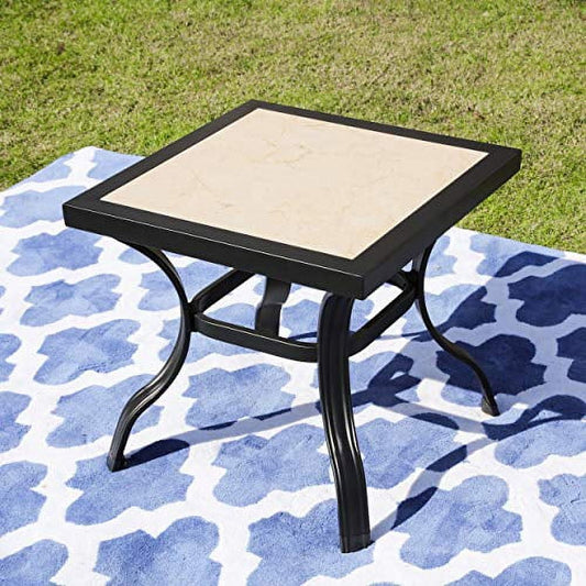 LOKATSE Home 21" Outdoor Square Patio Bistro End Table Metal Steel Legs with Ceramics Top, Black