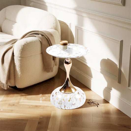 Modern Round Accent Table for Small Spaces - 21.3" Cream Pedestal Side Table with Tray Top, Perfect Minimalist End Table for Living Room, Bedroom, Sofa, White Marble