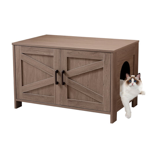Noaman Cat Litter Box Enclosure with Barn Door, Wooden Cat Washroom Furniture & End Table, Fits Most Litter Boxes, 31.5"x19.7"x19.7", Greige