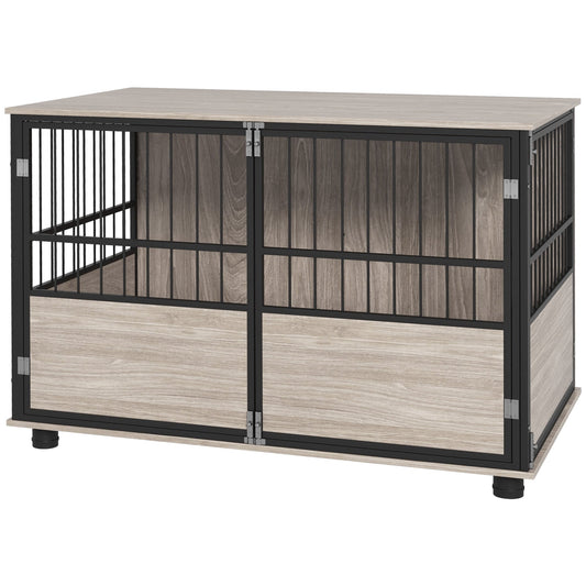 Noaman PawHut 39.5" Wooden Dog Crate Furniture End Table, Brown Indoor Pet House with 3 Doors for Small to Large Dogs, Multi-Functional Kennel & Side Table