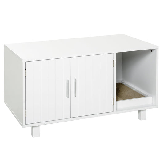 Noaman Wooden Cat Litter Box Enclosure & House with End Table Design, Magnetic Doors & Cat Scratcher, Multi-Functional Hidden Washroom for Kitty, White, 35.75"L x 20.5"W x 20"H