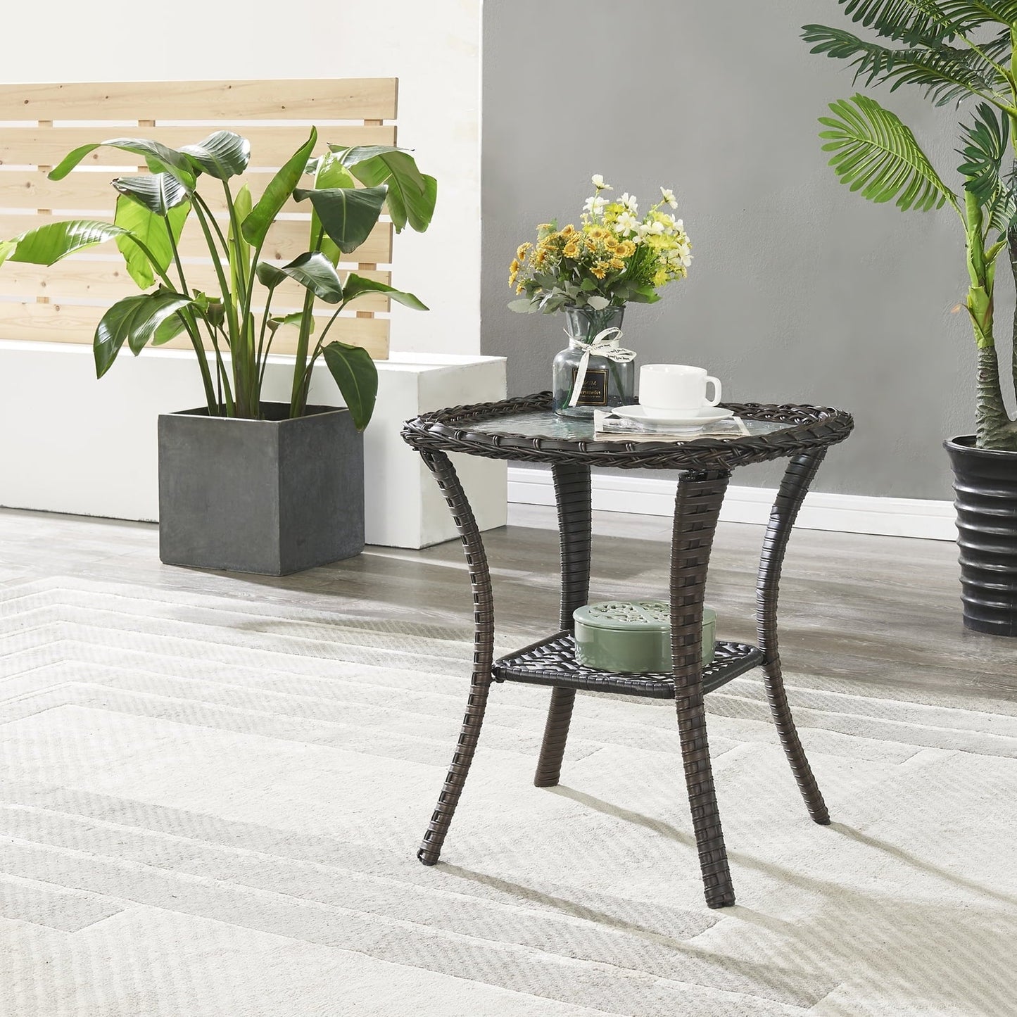 OPOHORO Outdoor Wicker Side Table,22x20x20 inch All Weather Rattan Small Patio Table Square End Table for Pool Balcony Deck Porch Lawn Backyard, Brown