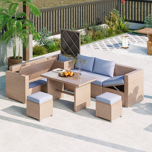 Olurrisa Outdoor 6-Piece All Weather PE Rattan Sofa Set, Garden Patio Wicker Sectional Furniture Set with Adjustable Seat, Storage Box, Removable Covers and Tempered Glass Top Table, Natural
