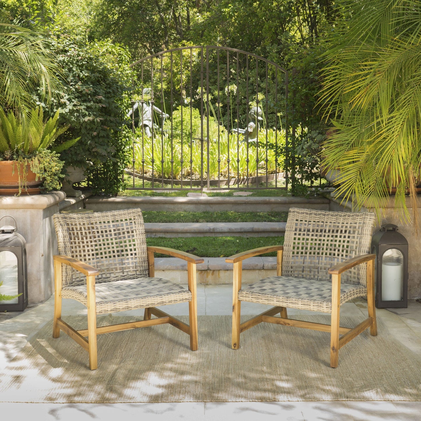 Outdoor Club Chair Set of 2, Outdoor PE Wicker Chair with Wicker Seat & Backrest, Wood Patio Club Chairs for Garden Lawn Backyard