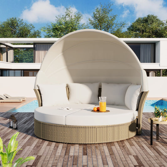 Outdoor Rattan Double Daybed with Retractable Shade, 4 Pillows Included for Lawn, Garden, or Poolside, Beige