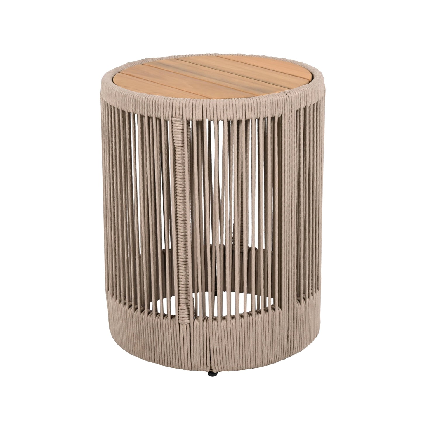 Outdoor Rattan Rope & Acacia Wood Side Table - Patio Balcony Furniture for Garden, Yard, Balcony - Weather Resistant(Rope Beige, Natural Iron)