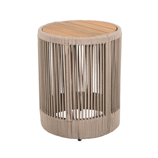 Outdoor Rattan Rope & Acacia Wood Side Table - Patio Balcony Furniture for Garden, Yard, Balcony - Weather Resistant(Rope Beige, Natural Iron)