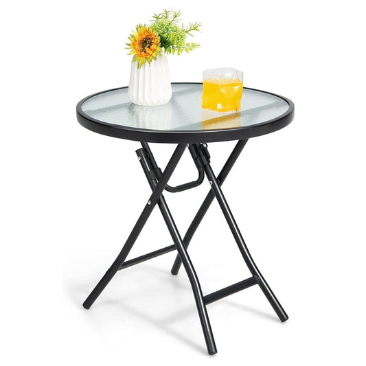 Outdoor Side Table, Folding Small Patio Table, Round Outdoor End Table with Tempered Glass Tabletop, Steel Frame, Footpads for Lawn, Balcony, Garden, Poolside,
