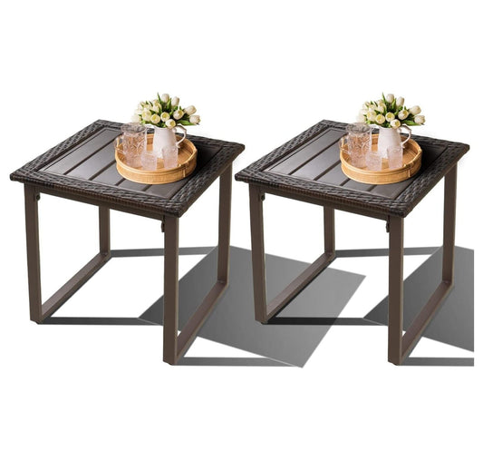 Outdoor Wicker Rattan Side End Tables for Patio Set of 2, 2 PCS Square Outdoor Patio Furniture End Table for Porch Lawn Garden Balcony Pool Bistro, Brown