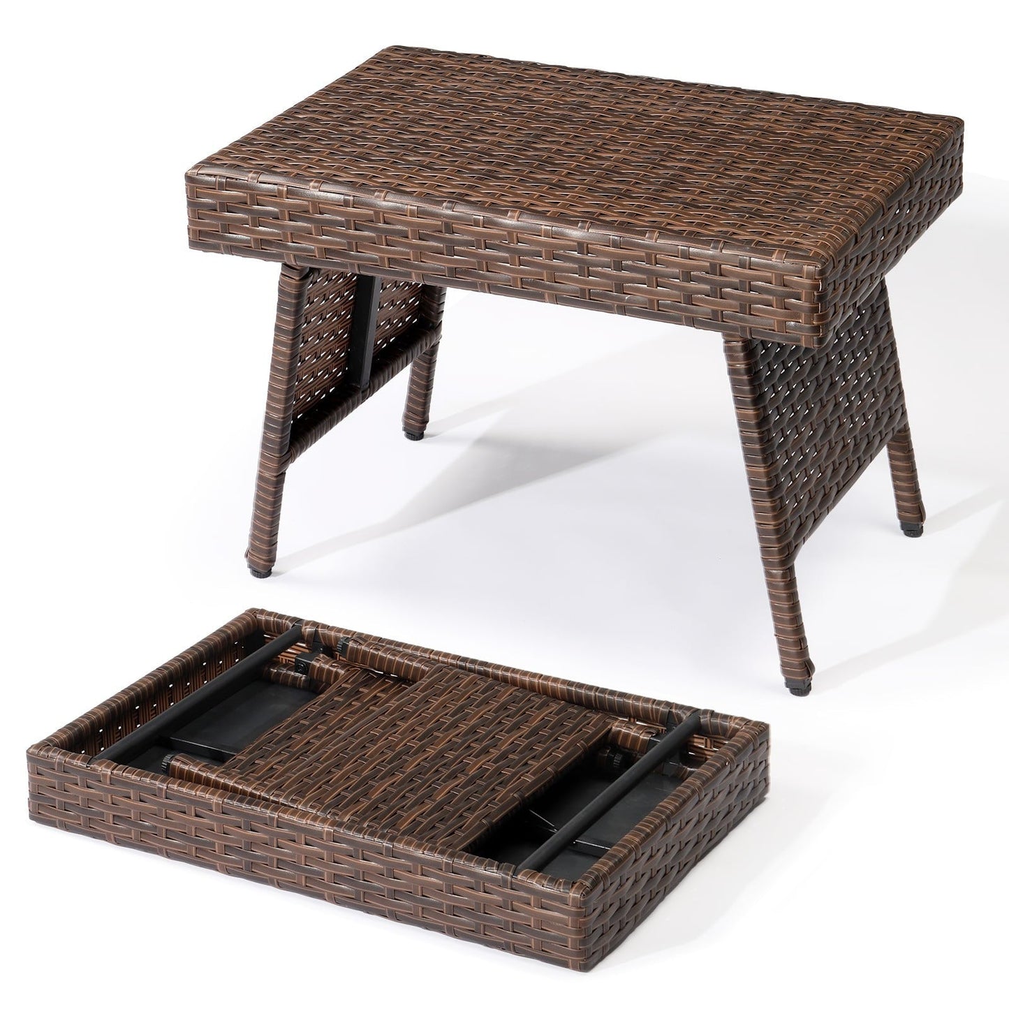 PORJGV Portable Indoor/Outdoor Folding Rattan Side Wicker Coffee Table with PE Wicker & High-Duty Steel Frame, Brown