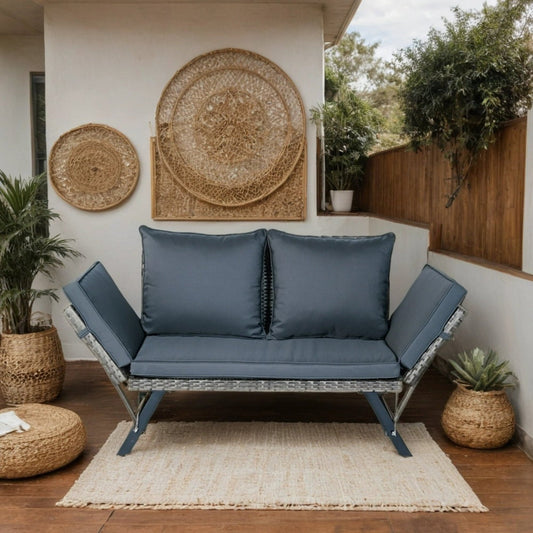 Patio Seating 1 PCS Patio Wicker Side Foldable Bench Patio Backyard Conversation Bench Grey Wicker + Dark Grey Cushion,Outdoor Seating