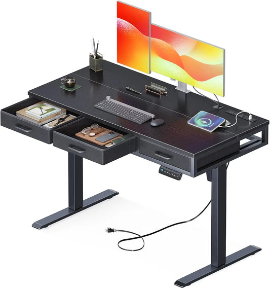 Aodk Electric Standing Desk With Drawers, 47 Inch Height Adjustable Small Desk With Power Outlets, Sit Stand Table, Writing