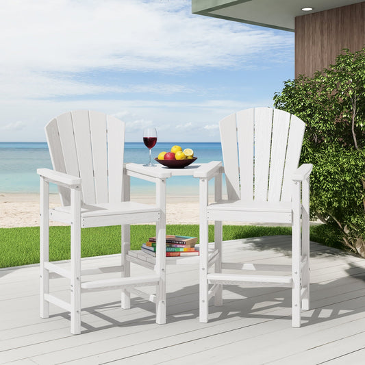 SERWALL Tall Adirondack Chairs Set of 2 with Double Layer Connecting Tray, HDPE Bar Height Outdoor Chairs, for Patio, Balcony, Porch, Pool, White