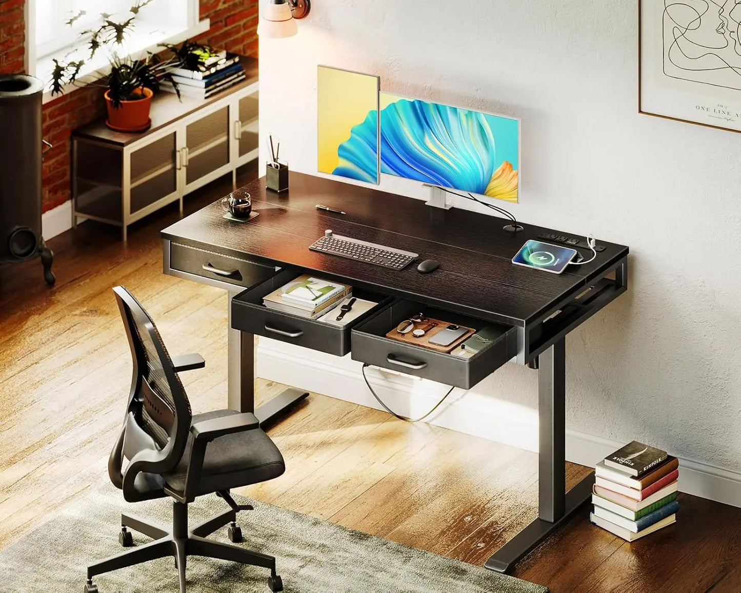 Aodk Electric Standing Desk With Drawers, 47 Inch Height Adjustable Small Desk With Power Outlets, Sit Stand Table, Writing