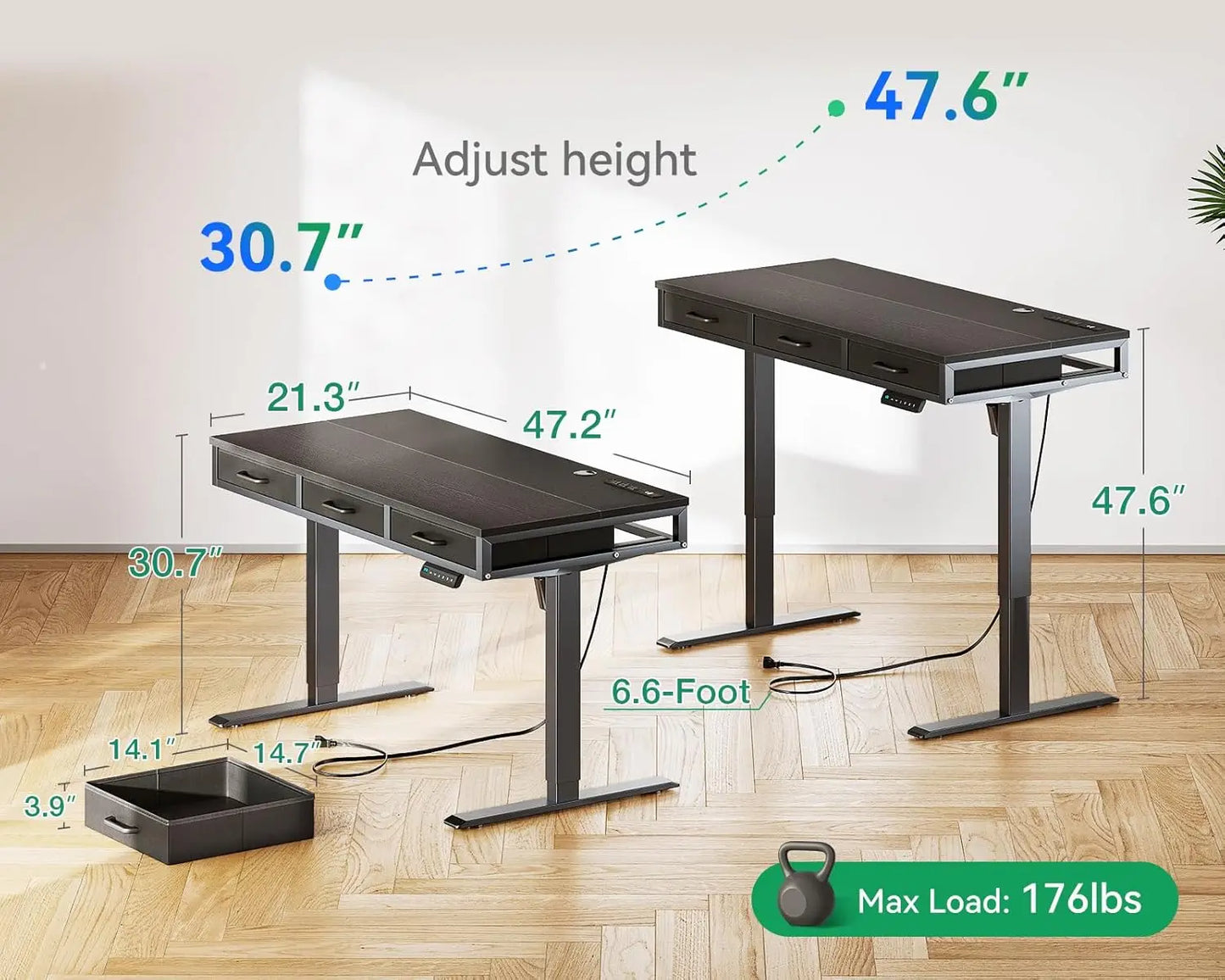 Aodk Electric Standing Desk With Drawers, 47 Inch Height Adjustable Small Desk With Power Outlets, Sit Stand Table, Writing
