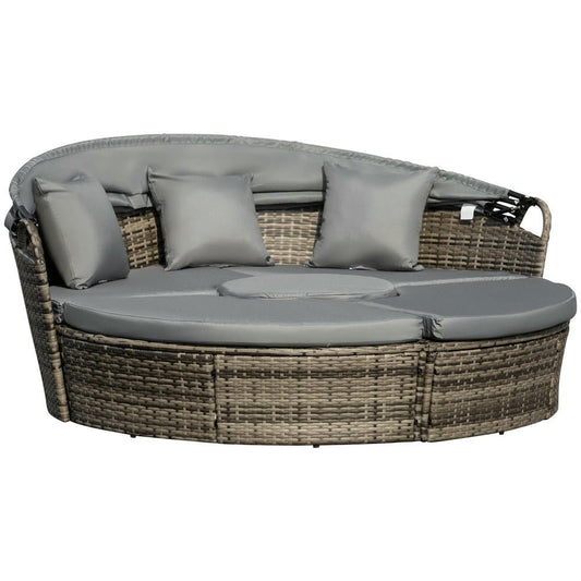 YYAo Outdoor Daybed Set, Sunbed Set,4-Piece Round Convertible Daybed, Outdoor PE Rattan Patio Wicker Sofa Set with 2 Chairs, Table, 3 Pillows, Gray
