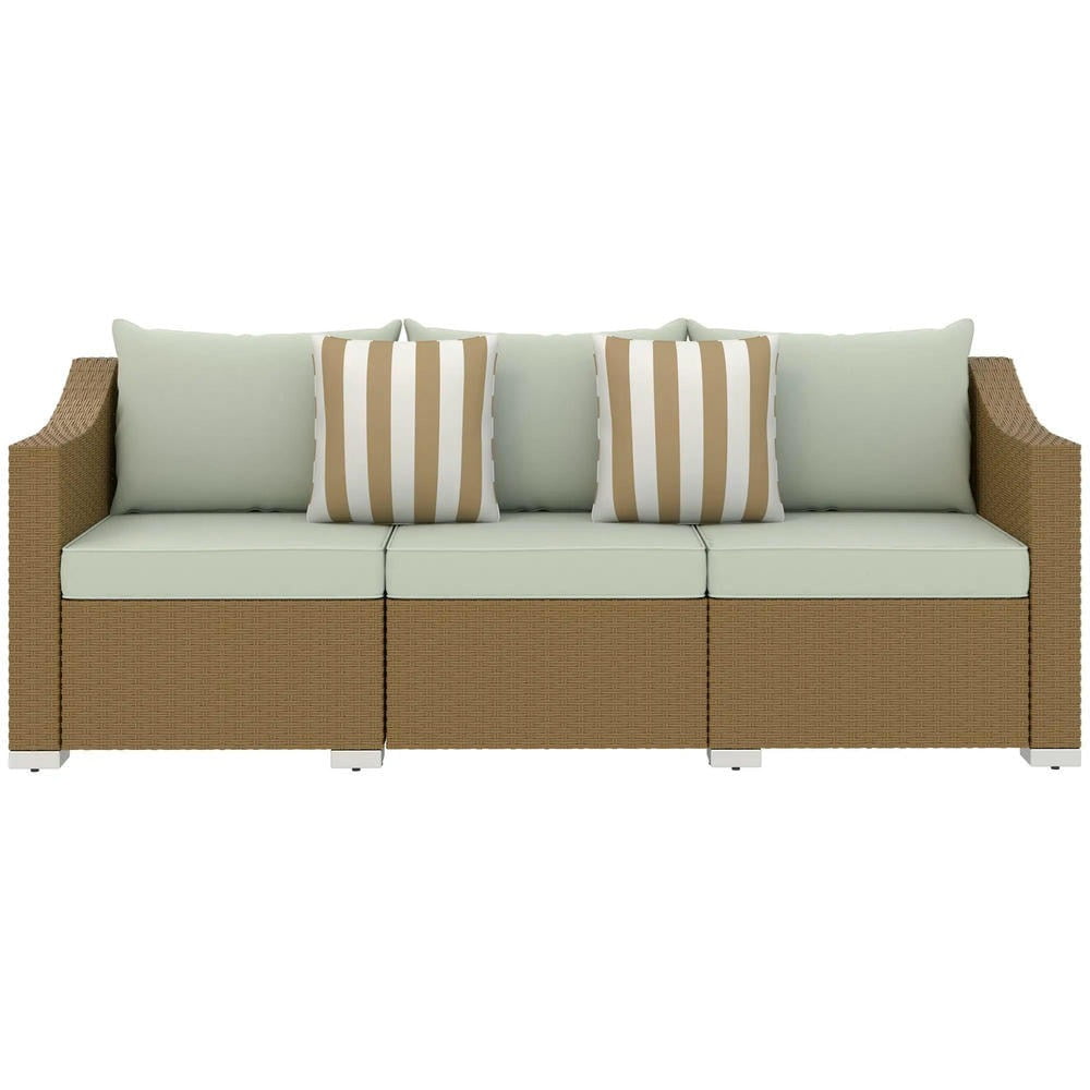 YYAo Patio Couch, Outdoor Sofa,Rattan Wicker 3 Seater Patio Couch with Cushions, 2 Throw Pillows, Outdoor Furniture Rattan Sofa, Light Gray