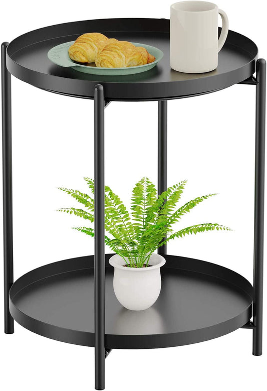 Yesker Side Table, End Table Metal Small Table Indoor Outdoor & Snack Bedside Table Sofa Side Snack Table Accent Coffee Table Living Room Bedroom Balcony 2 Layer