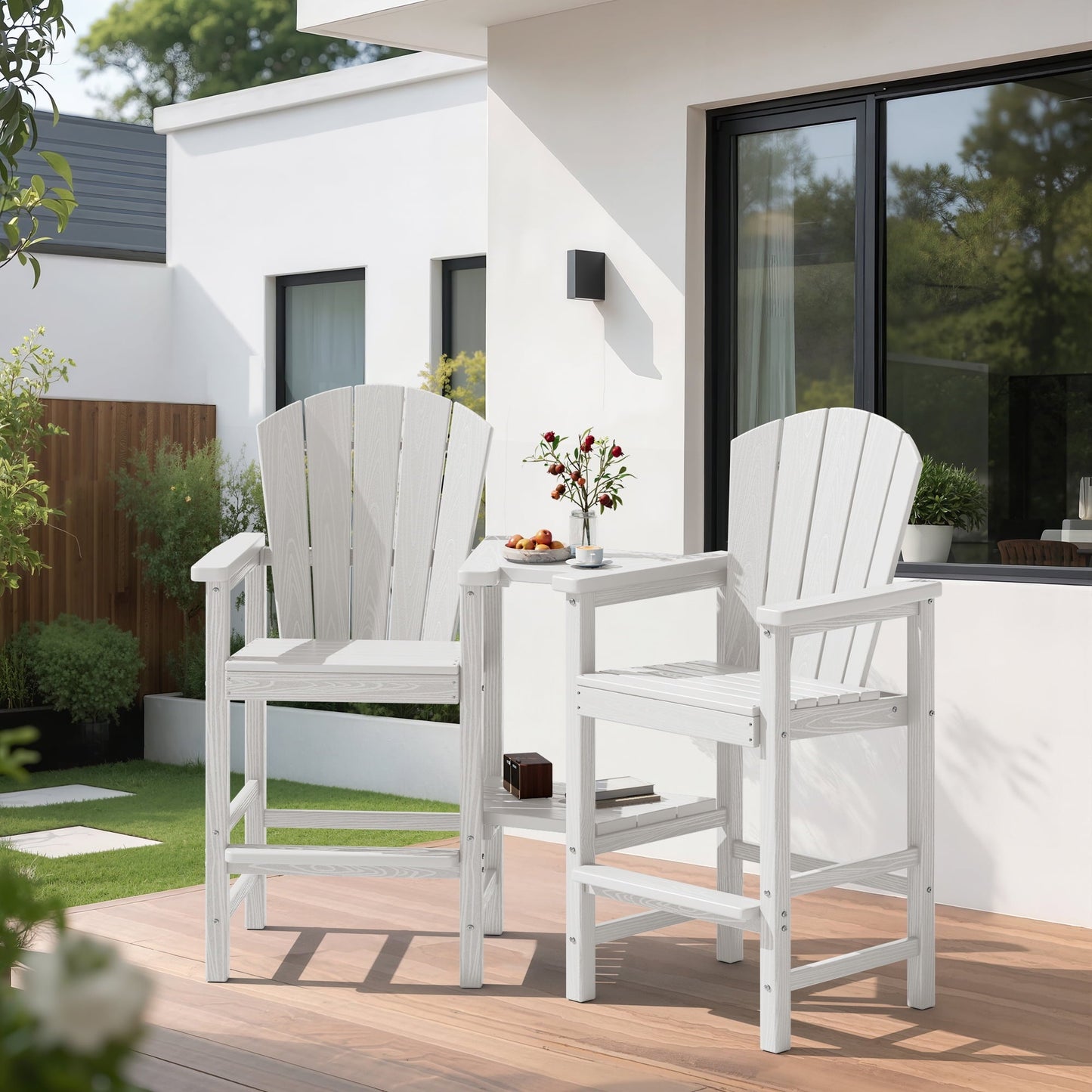 SERWALL Tall Adirondack Chairs Set of 2 with Double Layer Connecting Tray, HDPE Bar Height Outdoor Chairs, for Patio, Balcony, Porch, Pool, White