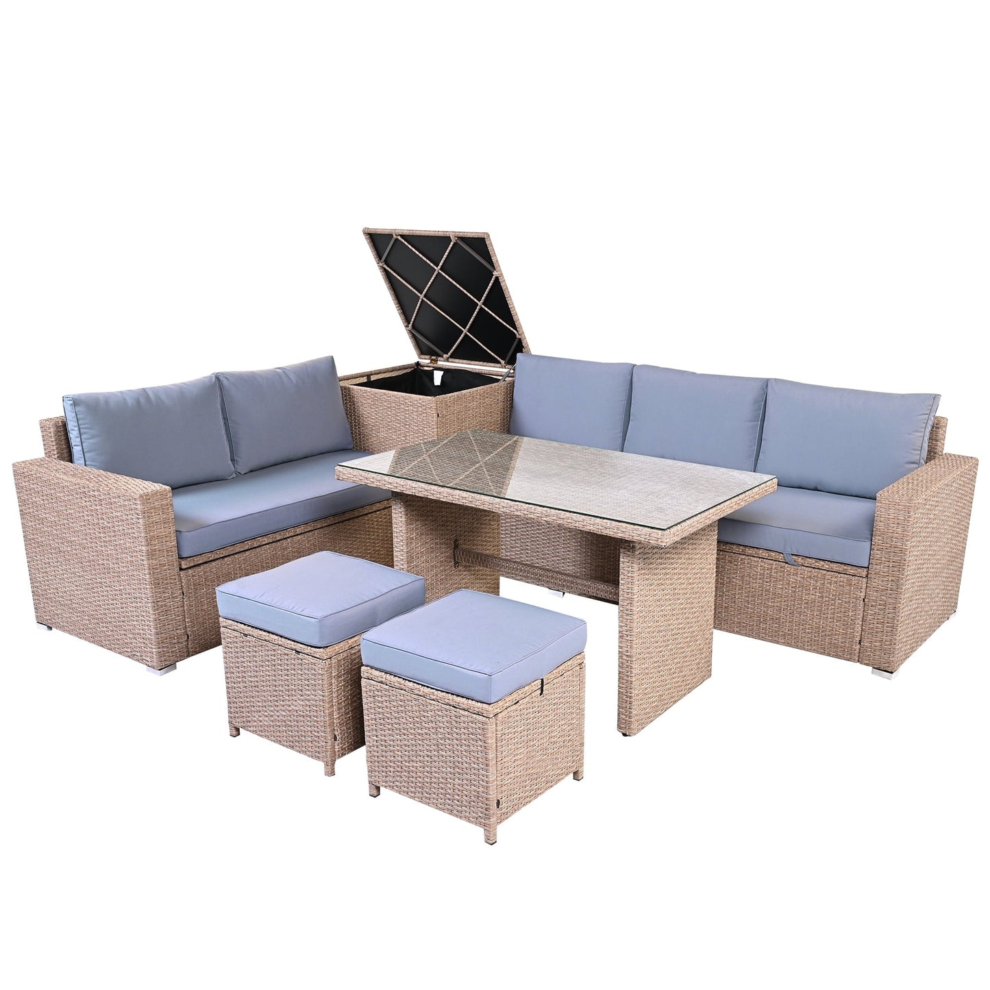 Olurrisa Outdoor 6-Piece All Weather PE Rattan Sofa Set, Garden Patio Wicker Sectional Furniture Set with Adjustable Seat, Storage Box, Removable Covers and Tempered Glass Top Table, Natural