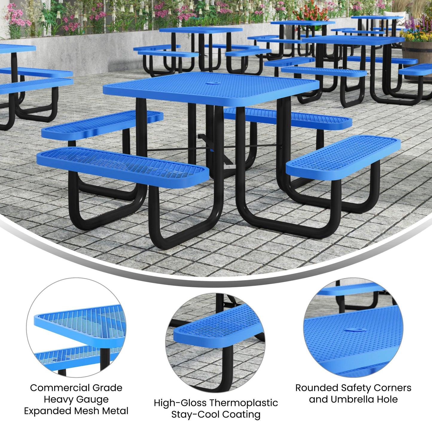 Flash Furniture 46" Square Outdoor Picnic Table with Commercial Grade Heavy Gauge Expanded Metal Mesh Top and Seats and Steel Frame in Blue