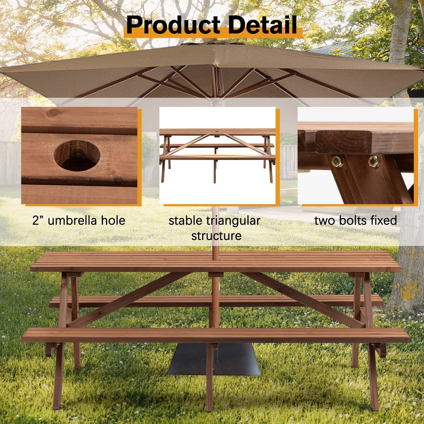75 Inch Picnic Table, 8-Person Wooden Picnic Table with 2 Built-In Benches, Outdoor Camping Dining Table for Backyard, Garden, Patio, DIY Assembly, 2220 lbs Capacity, Brown